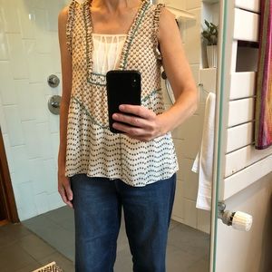 Silk contrast print peplum top w ruffle trim